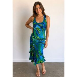 Vintage Simply Silk Blue Green Abstract Silk Blend Midi Dress Whimsy Goth S